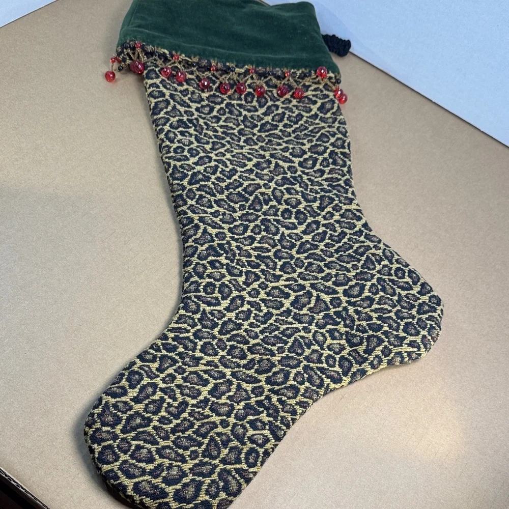 Pair of Swanky Tapestry Christmas Stockings Leopard Checkered Print Velvet Beads